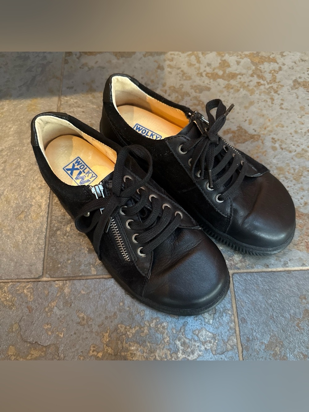 Wolky denmark Black Leather & Suede Lace-Up Sneakers with Side Zipper 37